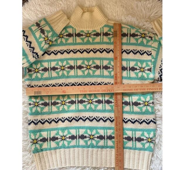 American Eagle Fair Isle Turtleneck Sweater Oversized XS Green / Beige Y2K Boho - Picture 4 of 6